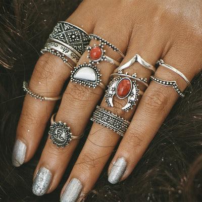 Foreign trade retro silver carved joint ring red and white turquoise 14 piece set set ring female jewelry wholesale - melvincucci