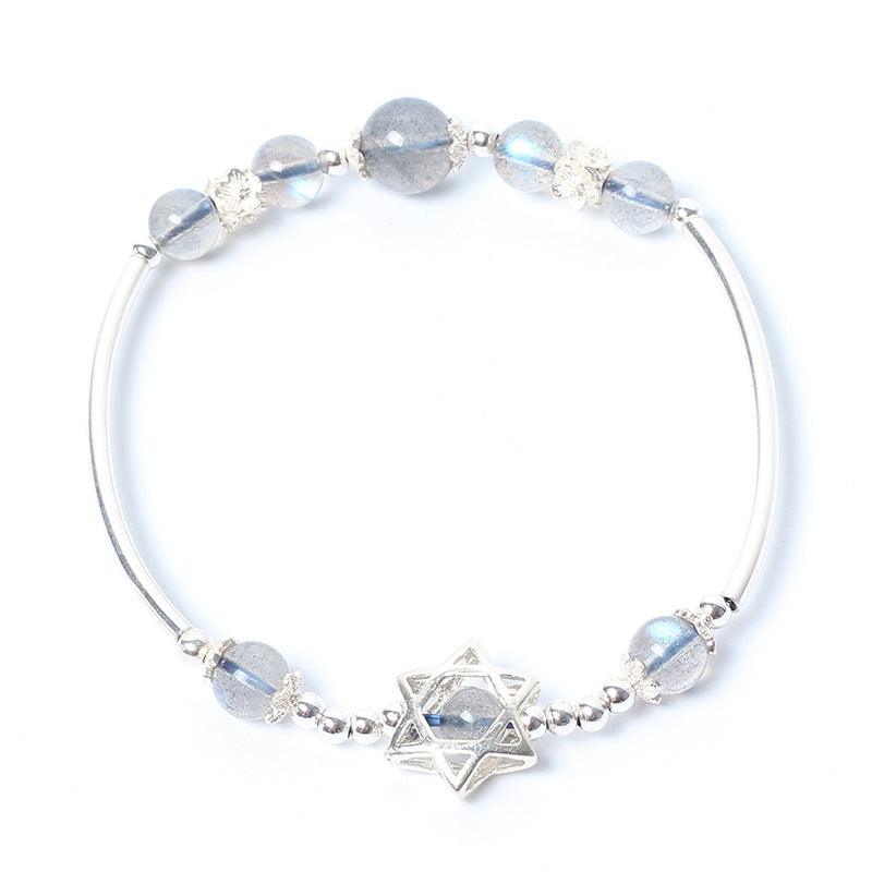Handmade 5A class moonlight stone pulling feldspar, pure silver six awn 925 silver hand chain hand chain transfer help sleep accessories - melvincucci