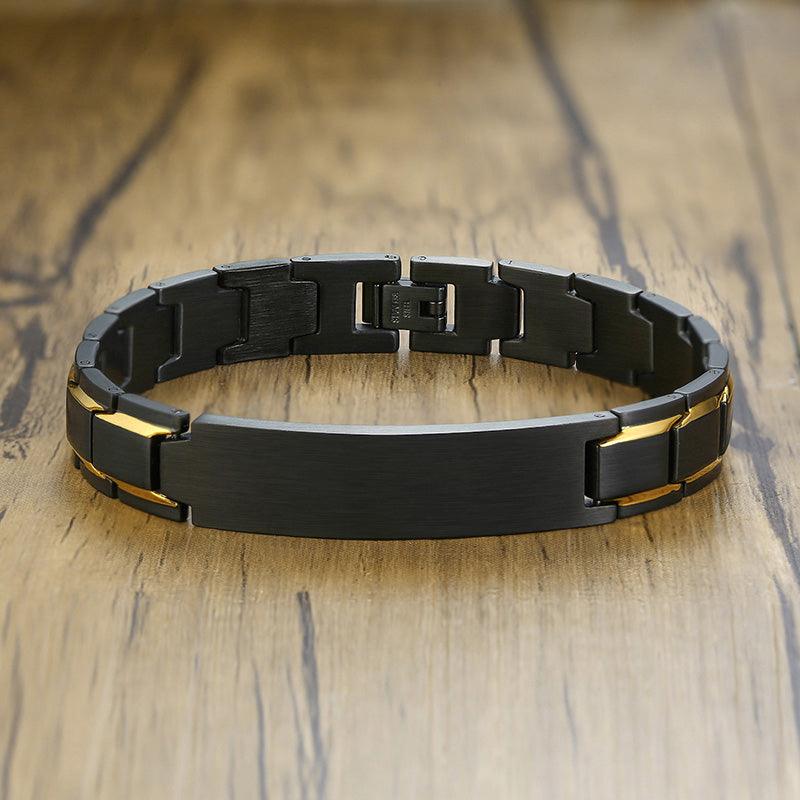 Custom Engraving Heavy Chain Bracelet 12mm Men's Black Matt Finish Curved Bar Charm Bracelet in Stainless Steel - melvincucci