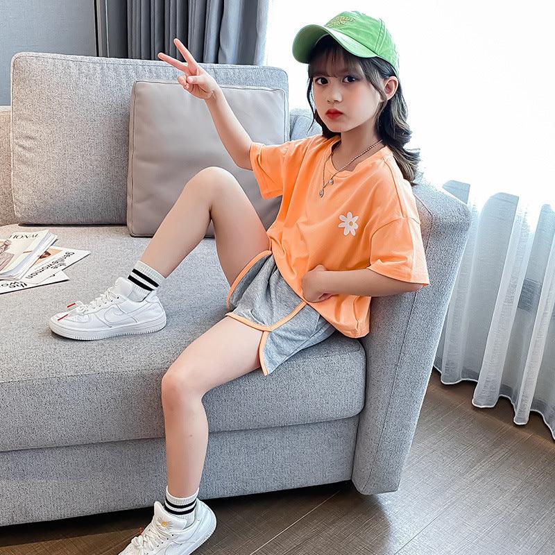 Girls' Back Chrysanthemum Suit Children's Clothing Fashion Western Style Korean Sports Short Sleeve Two-piece Suit - melvincucci