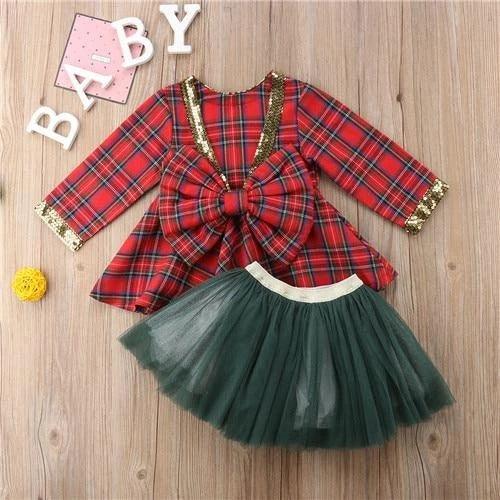 Mesh big bow girl plaid cute princess dress - melvincucci
