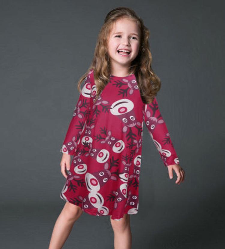 Fashion Casual Santa Printed Long Sleeve Girls Dress - melvincucci