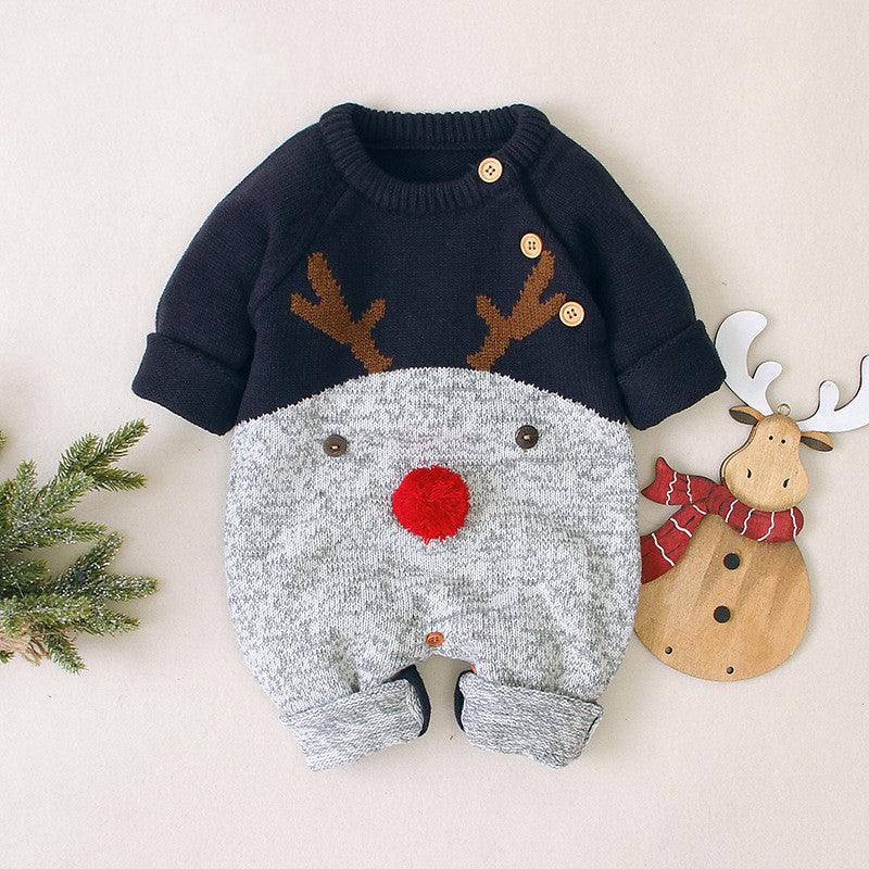 Boys and girls knitted cartoon deer romper Christmas sweater - melvincucci
