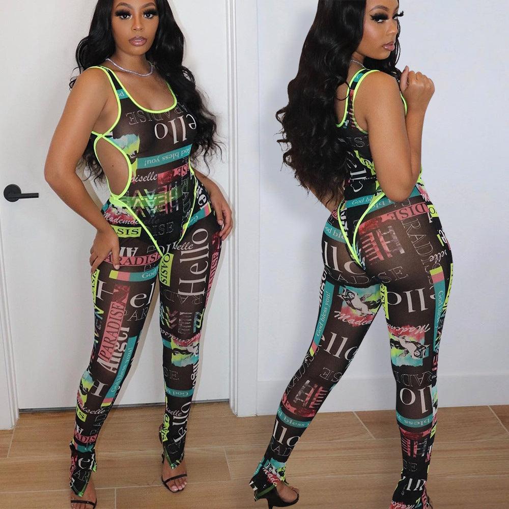 Women's Bodysuit Mesh Print Sheer Two-Piece Pant Set - melvincucci