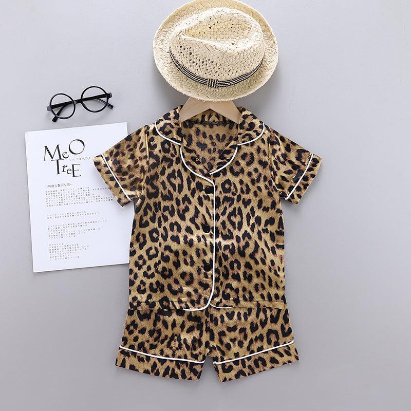 Children's Homewear Leopard Print Ice Silk Pajamas Short Sleeve Set - melvincucci