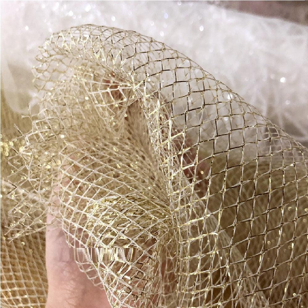 Large Mesh Diamond Shape Mesh Fabric With Golden Silver Filigree - melvincucci