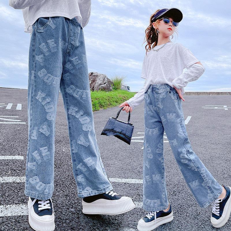 Western Style Little Girl Round Letters Wide-leg Denim Trousers Trendy Fan - melvincucci
