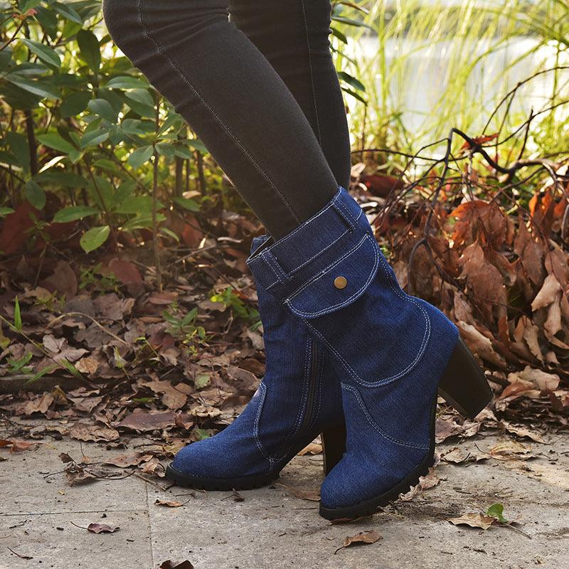 Plus Size High Heel Denim Mid Tube Women Boots - melvincucci