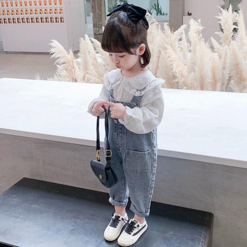 Girls Denim Overalls And Lace Shirt Two-piece Suit - melvincucci