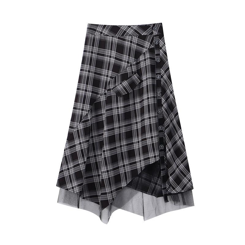 Irregular Plaid Skirt Women High Waist Long Skirt - melvincucci