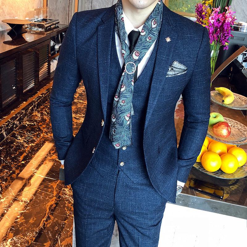 Slim-fit Three-piece Suit With Dark Pattern Business Casual - melvincucci