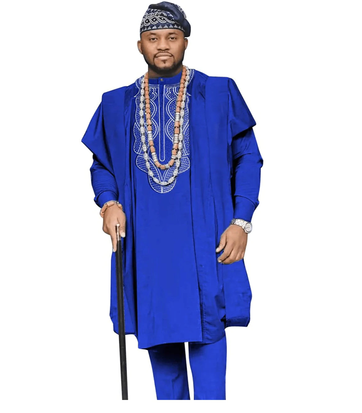 A Medallion blue embroidery detailing Agbada,  fila & 3/4 sleeve traditional senator kaftan native & sokoto - melvincucci