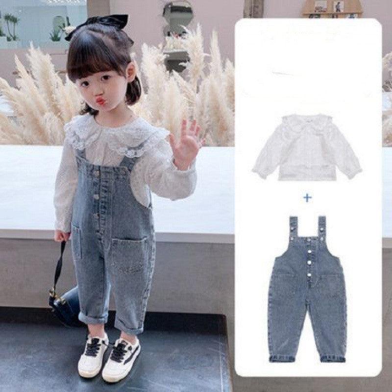 Girls Denim Overalls And Lace Shirt Two-piece Suit - melvincucci