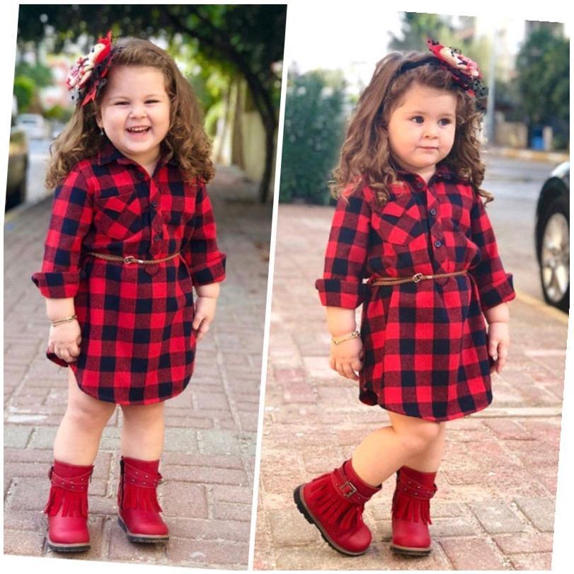 Fashion Girls Long Red Plaid Dress With Belt - melvincucci