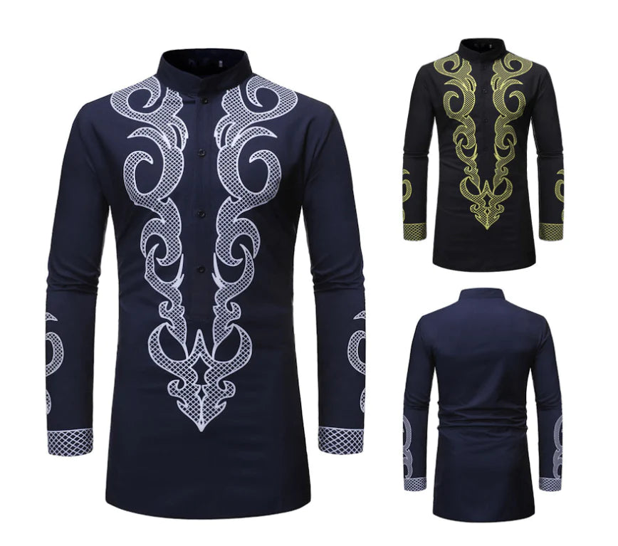 African Dashiki Robe Print Dress Shirt Men Hipster Hip Hop Casual - melvincucci