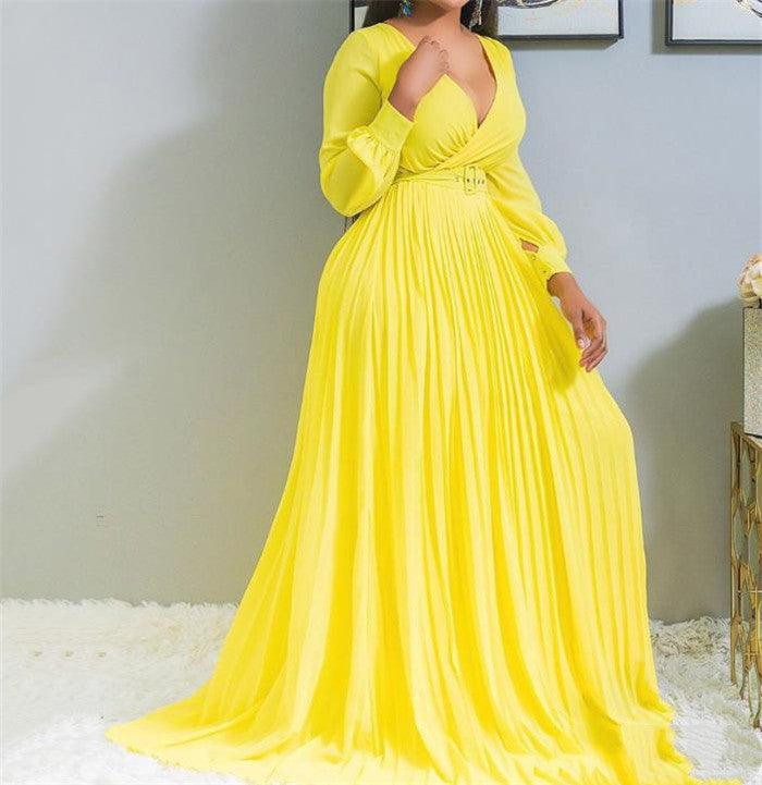 African Fashion Woman V-neck Long-sleeved Long Dress Yellow - melvincucci