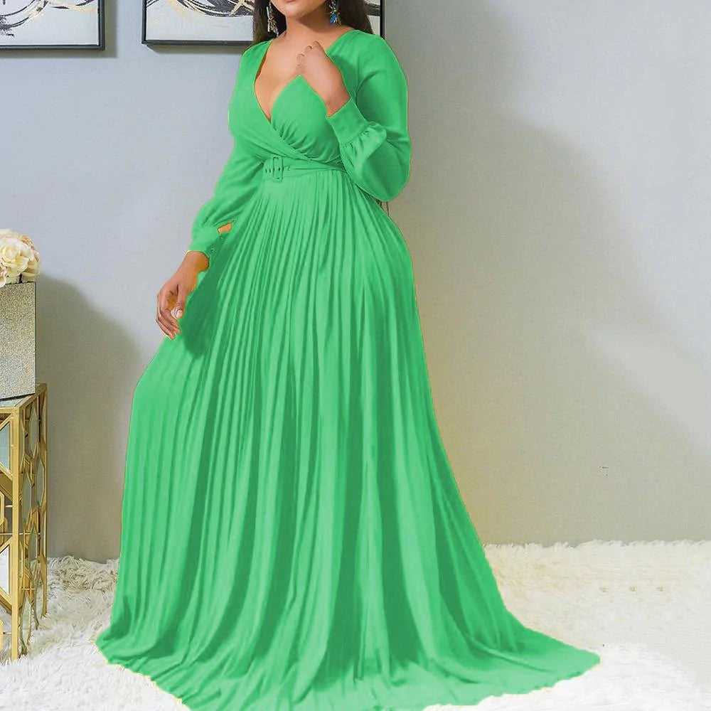 African Fashion Woman V-neck Long-sleeved Long Dress Yellow - melvincucci