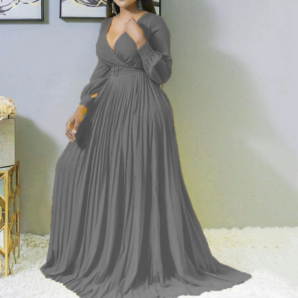 African Fashion Woman V-neck Long-sleeved Long Dress Yellow - melvincucci