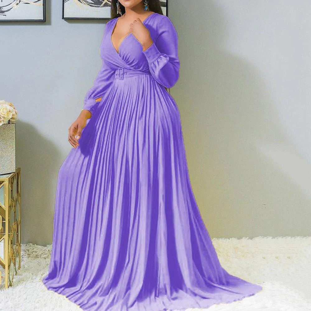 African Fashion Woman V-neck Long-sleeved Long Dress Yellow - melvincucci