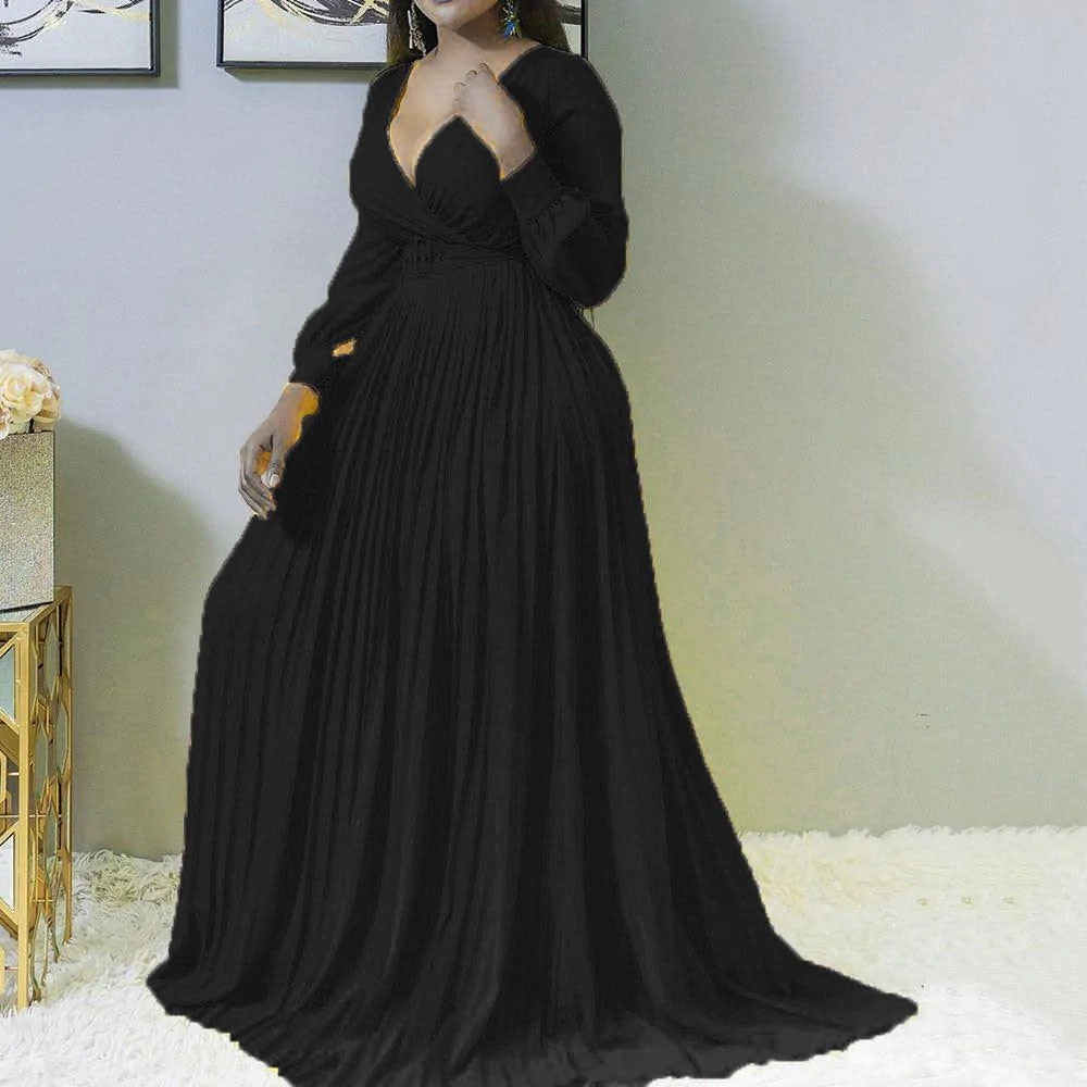 African Fashion Woman V-neck Long-sleeved Long Dress Yellow - melvincucci