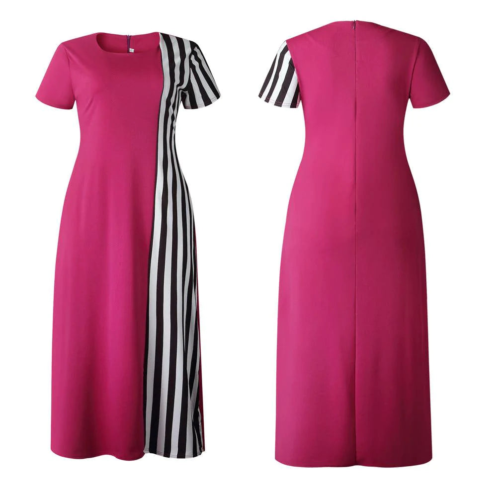 African Fat Mother Wear Striped Stitching Commuter Plus Size Loose Dress - melvincucci