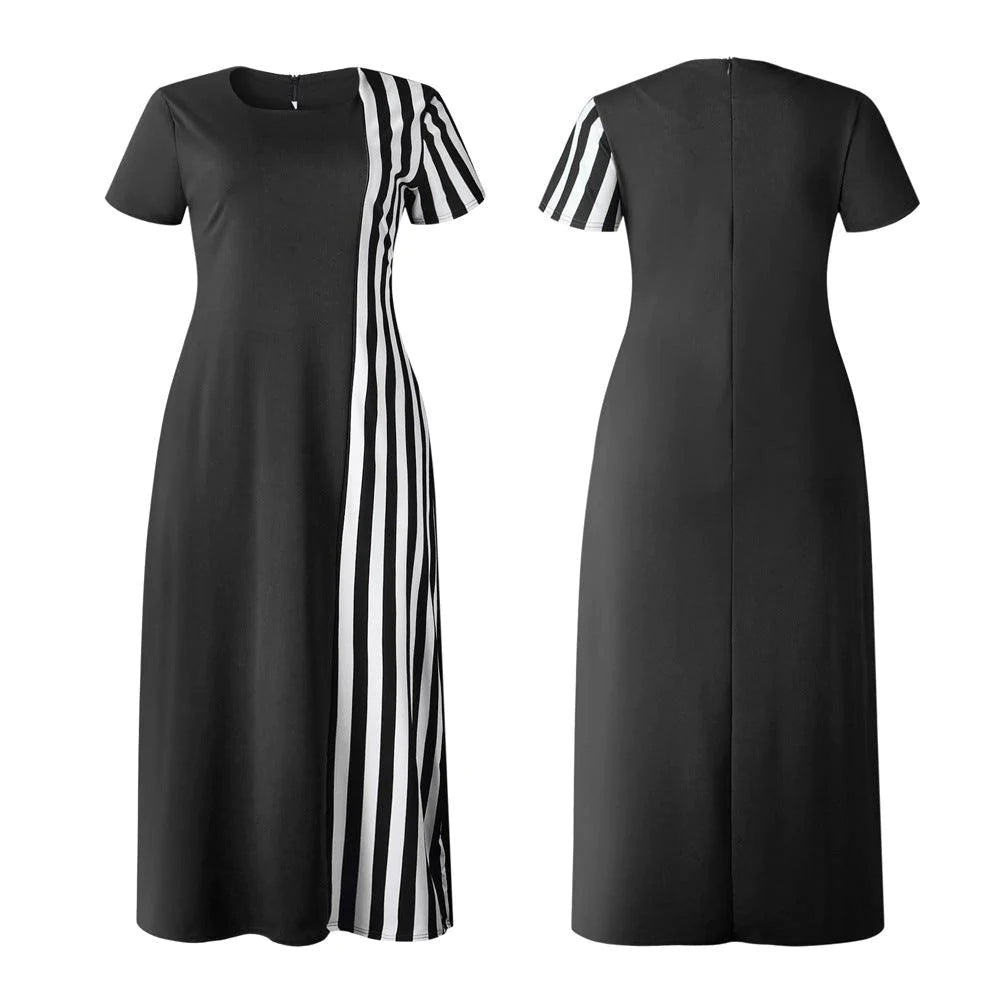 African Fat Mother Wear Striped Stitching Commuter Plus Size Loose Dress - melvincucci