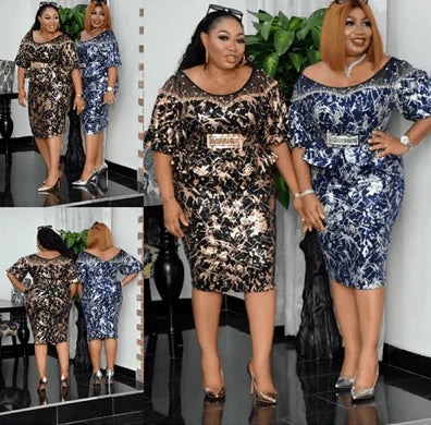 African Plus Size Printed Net Yarn Stitching Bead Dress Suit - melvincucci
