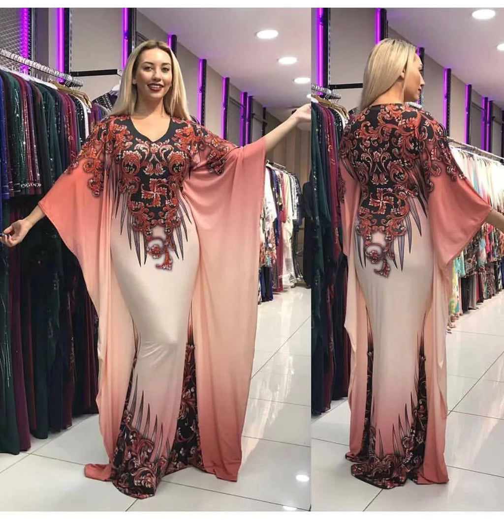 African Plus Size Women's Printed Pattern Bat Sleeve Dress - melvincucci