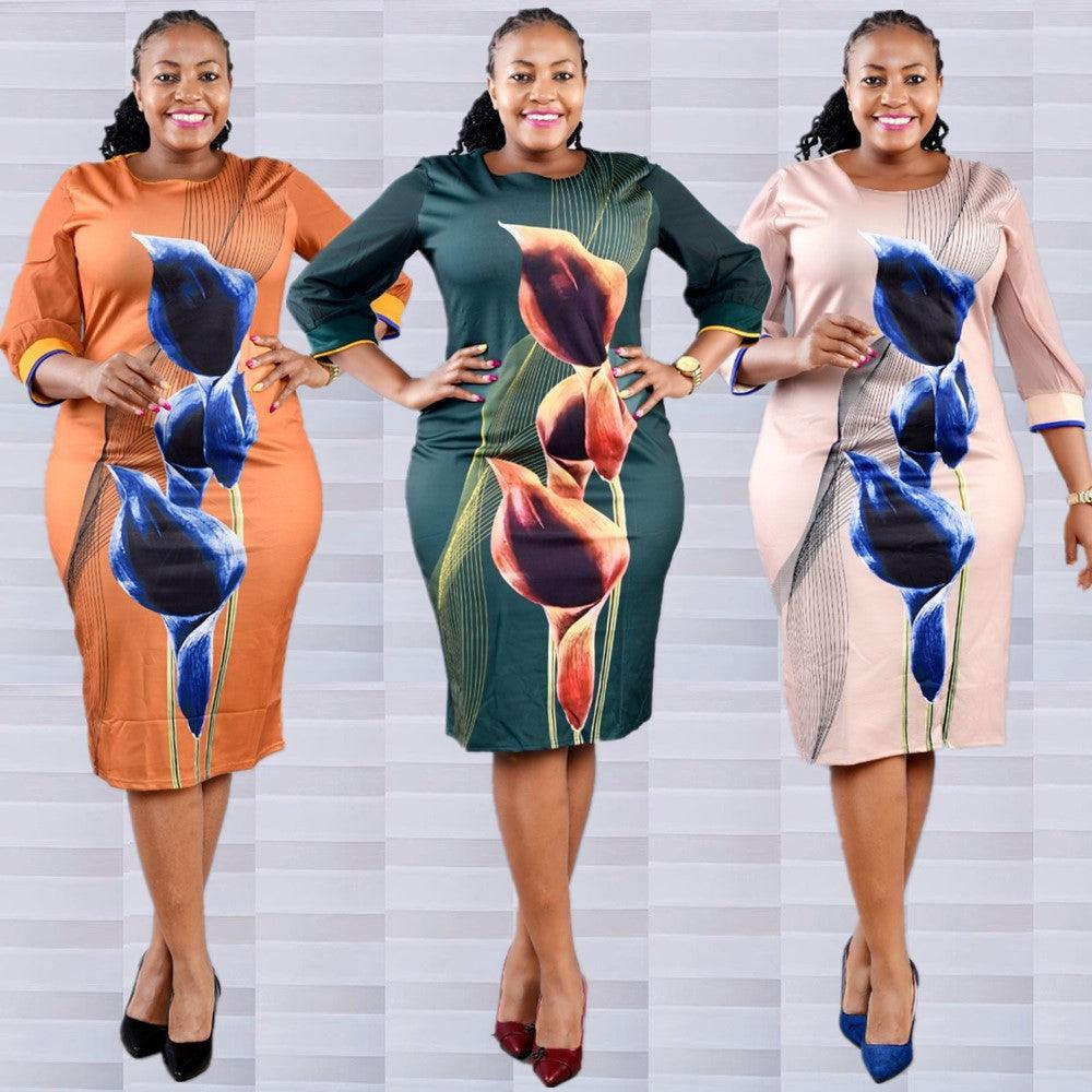 African Plus Size Women's Round Neck Positioned Print Stitching Dress - melvincucci