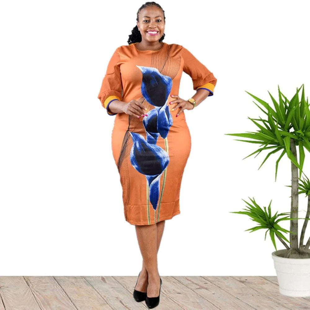 African Plus Size Women's Round Neck Positioned Print Stitching Dress - melvincucci