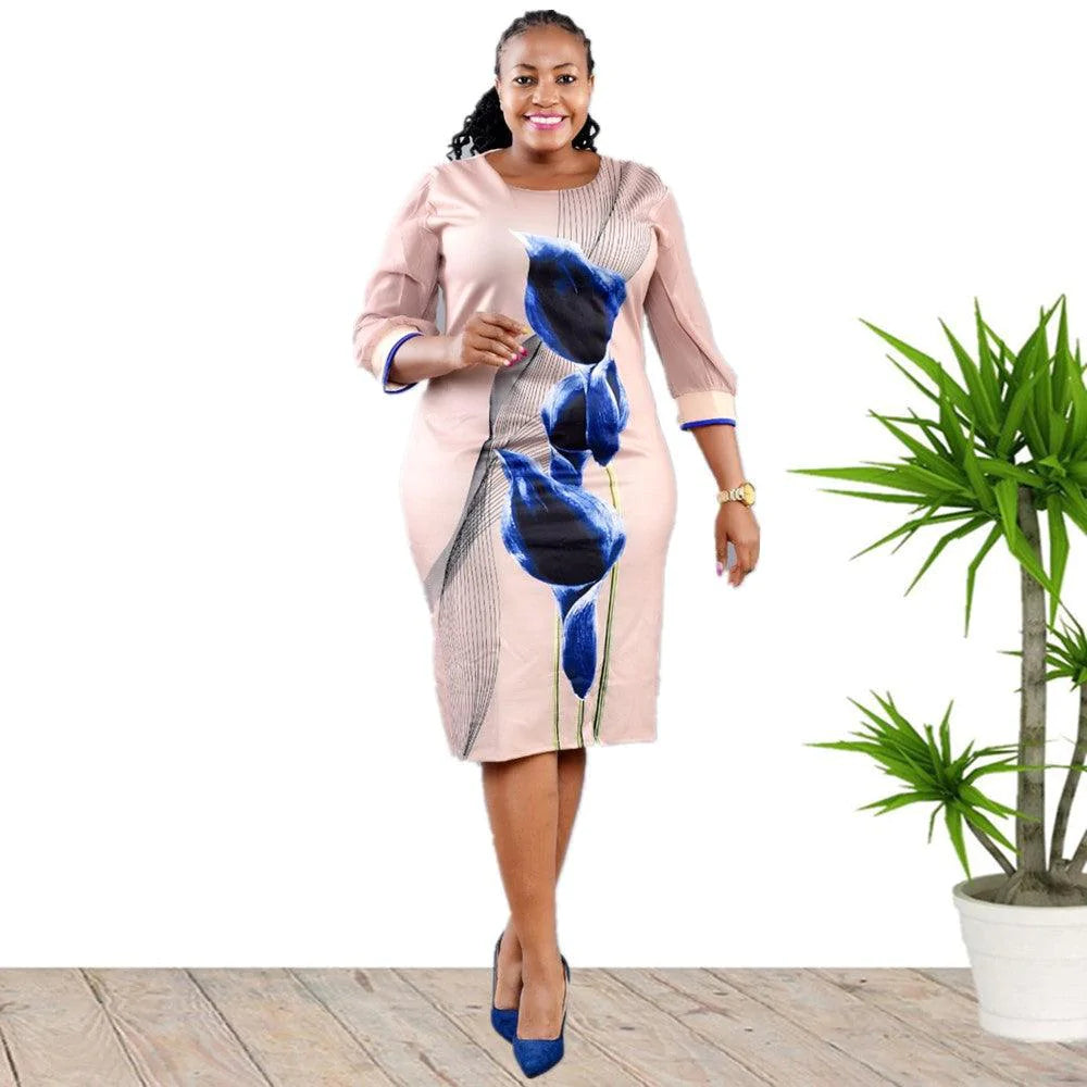 African Plus Size Women's Round Neck Positioned Print Stitching Dress - melvincucci