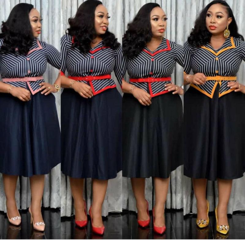 African Print Striped Belt Fat Woman Plus Size Dress 2XL-5XL - melvincucci