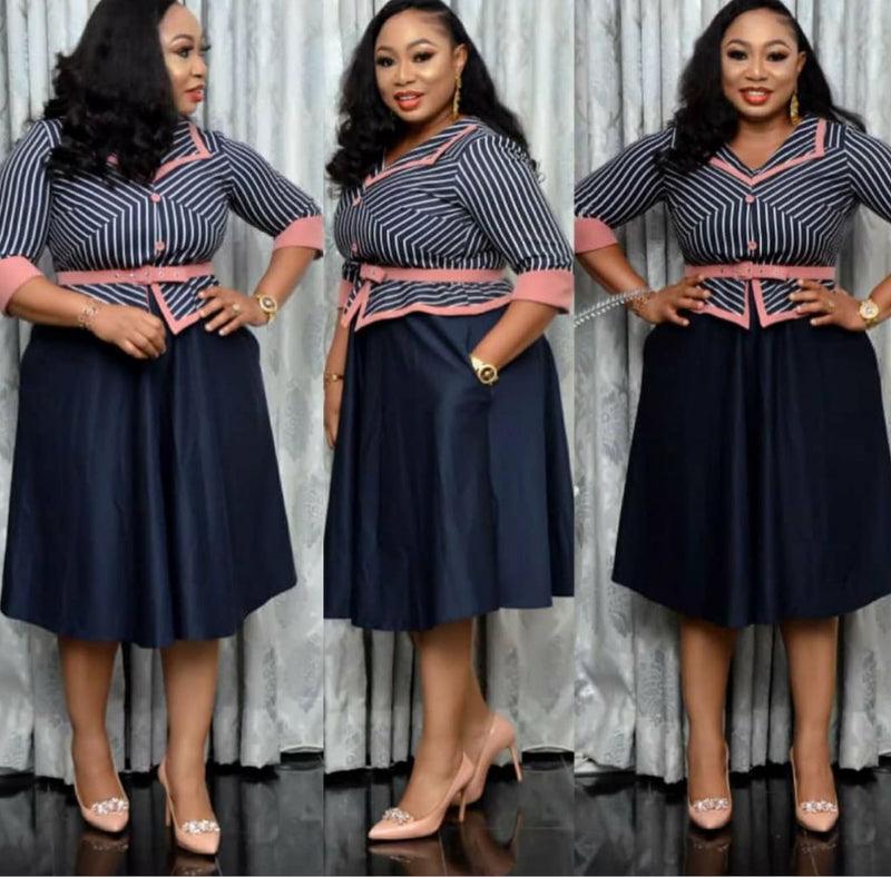 African Print Striped Belt Fat Woman Plus Size Dress 2XL-5XL - melvincucci
