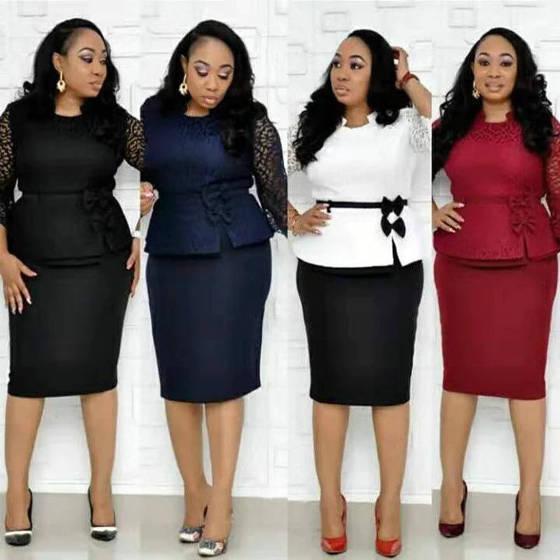 African Round Neck Stitching Lace Sleeve Commuter Plus Size Dress - melvincucci