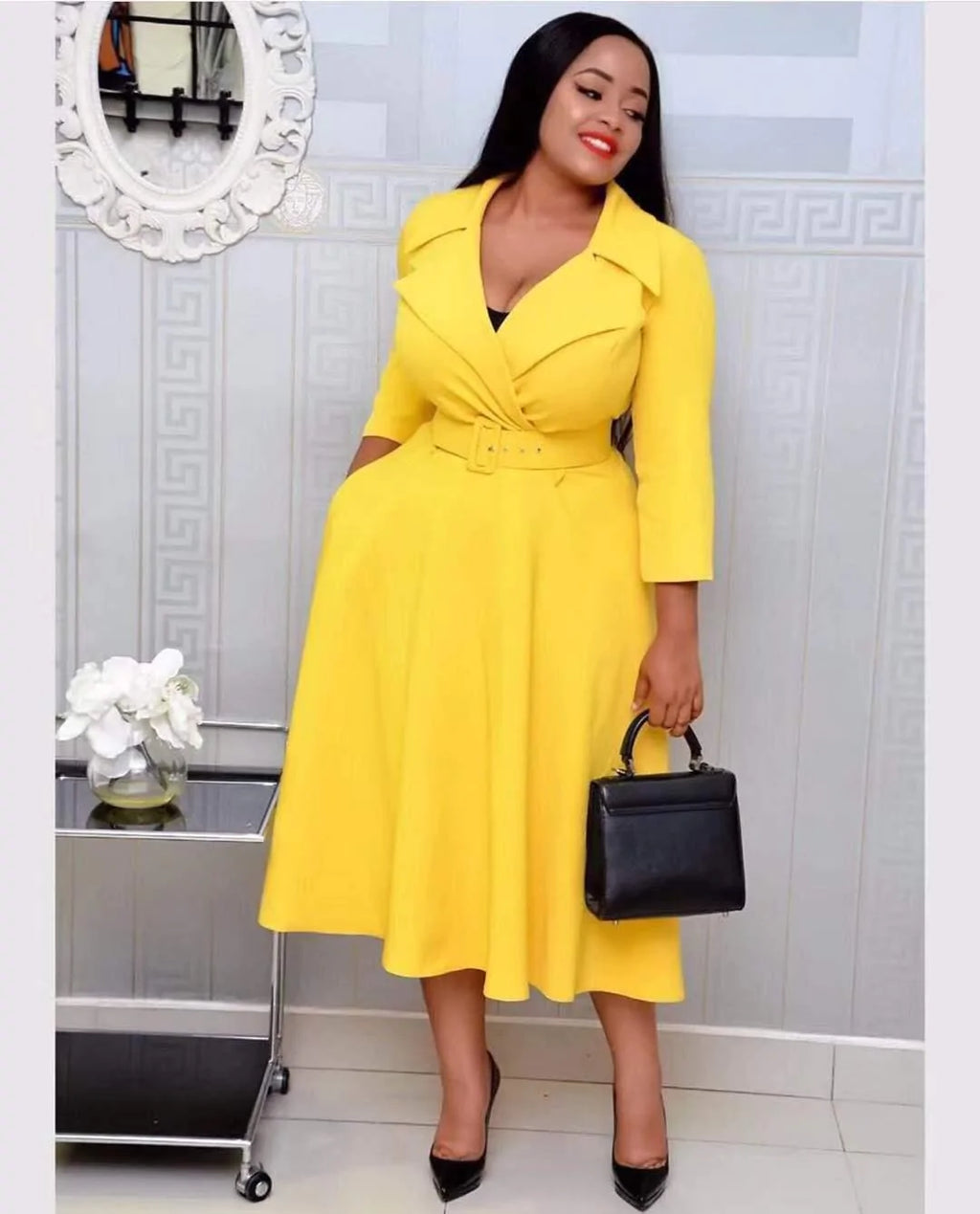 African Slim Waist Sexy A-Line Skirt Shirt Collar Dress With Belt - melvincucci