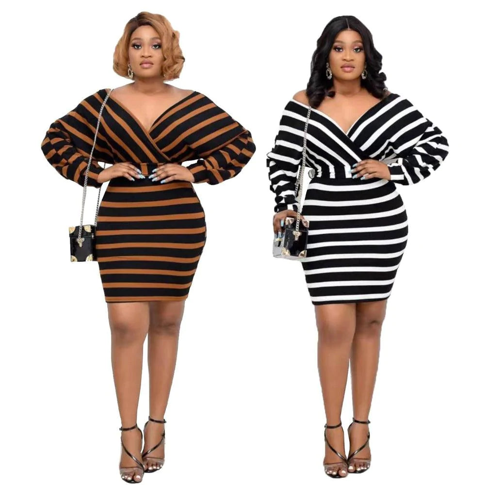 African Stripe Stitching Sexy V-Neck Bag Hip Dress Belt - melvincucci