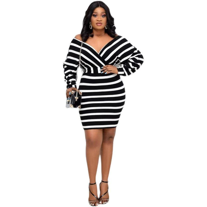 African Stripe Stitching Sexy V-Neck Bag Hip Dress Belt - melvincucci