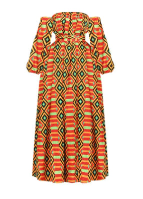 African Style Digital Printing Women's Summer Long Sleeve One Neck Split Dress - melvincucci