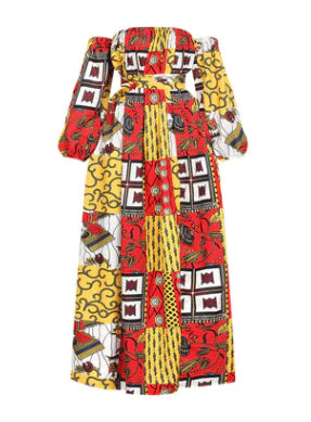 African Style Digital Printing Women's Summer Long Sleeve One Neck Split Dress - melvincucci