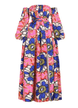 African Style Digital Printing Women's Summer Long Sleeve One Neck Split Dress - melvincucci
