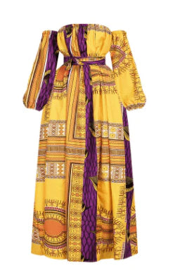 African Style Digital Printing Women's Summer Long Sleeve One Neck Split Dress - melvincucci