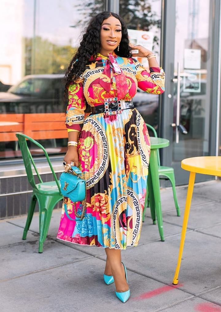 African Style Printed Bow Tie Collar, Three-Quarter Sleeves Mid-Length Dress - melvincucci