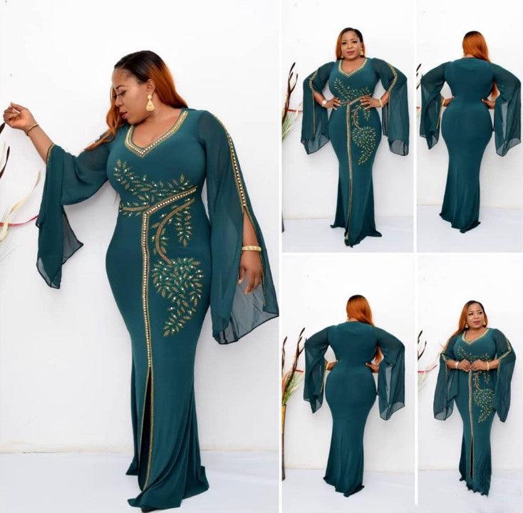 African Trumpet Sleeve Hot Diamond Bag Hip Fishtail Dress - melvincucci