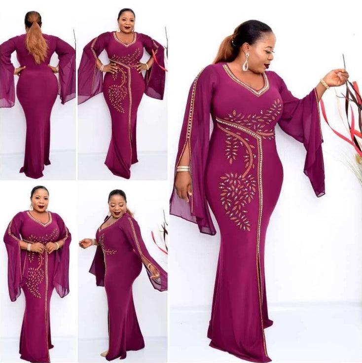 African Trumpet Sleeve Hot Diamond Bag Hip Fishtail Dress - melvincucci