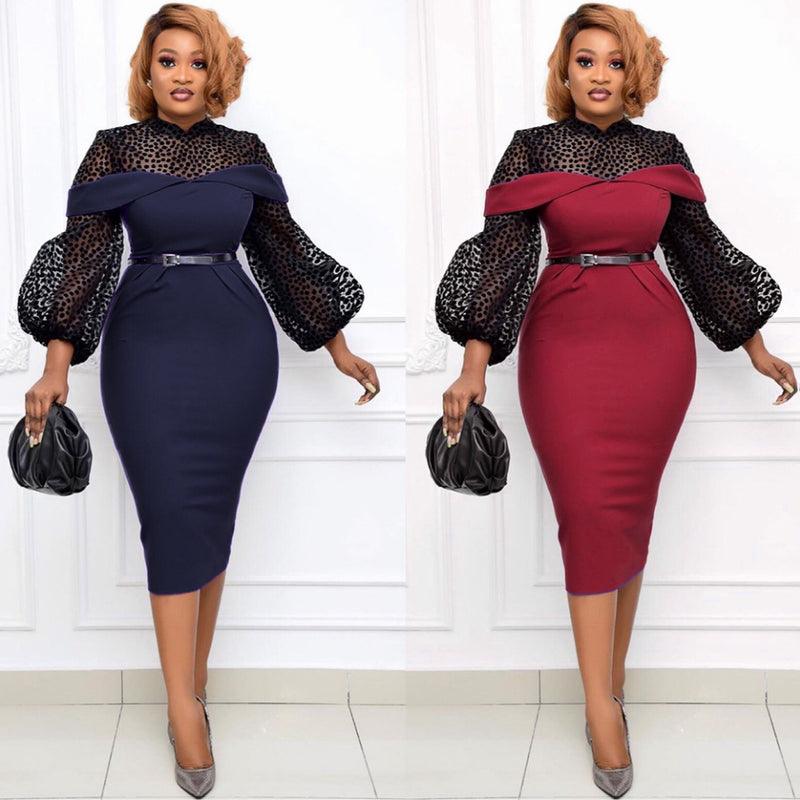 African Woman Polka Dot Mesh Lantern Sleeve High Waist Dress - melvincucci