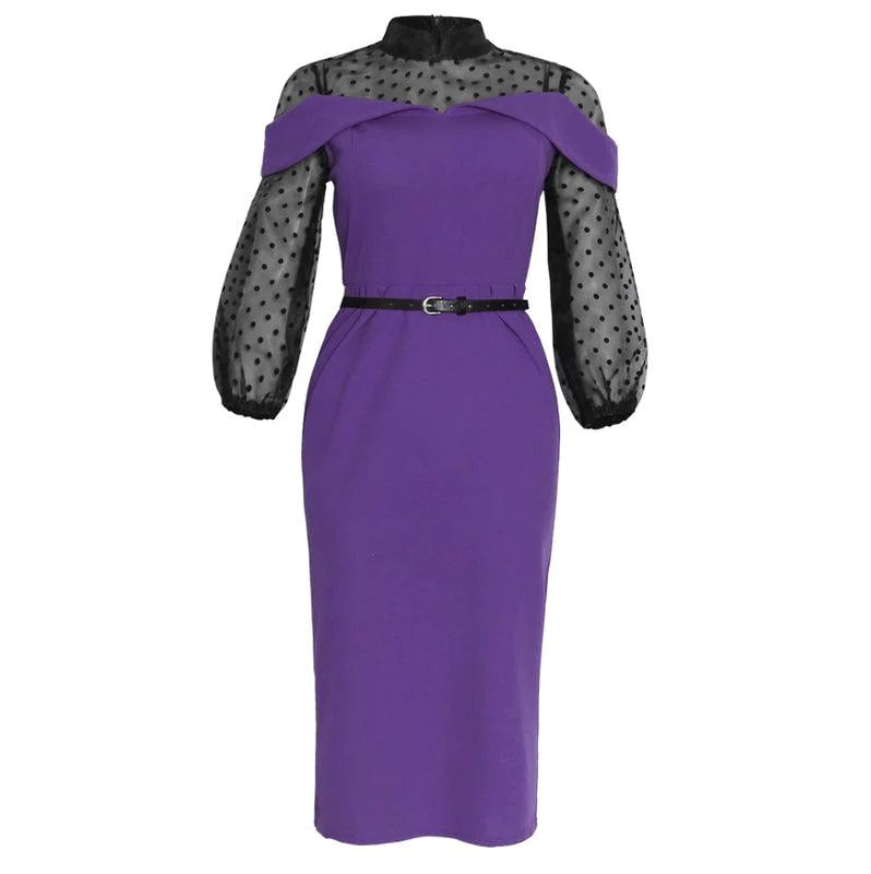 African Woman Polka Dot Mesh Lantern Sleeve High Waist Dress - melvincucci