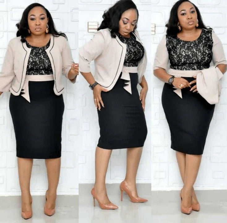 African Woman's Lace Stitching Dress Two-Piece Suit - melvincucci