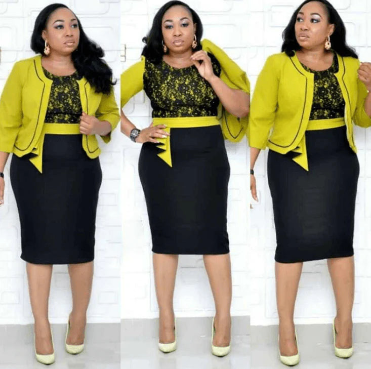 African Woman's Lace Stitching Dress Two-Piece Suit - melvincucci