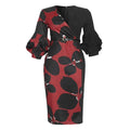African Woman's Print Stitching V-Neck Lantern Sleeve Dress - melvincucci