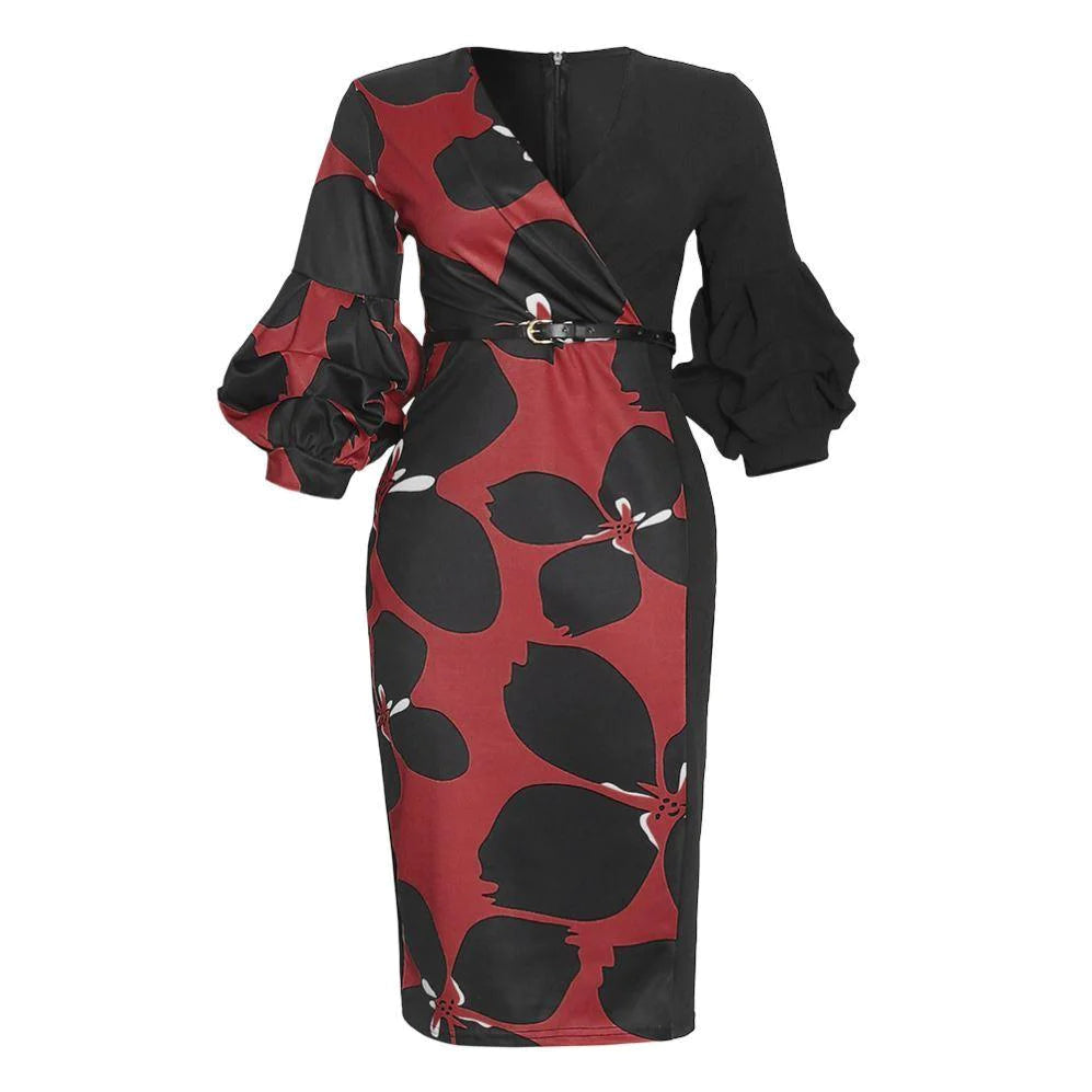 African Woman's Print Stitching V-Neck Lantern Sleeve Dress - melvincucci